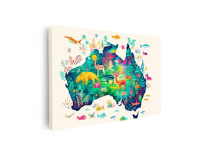 Colourful Australia wildlife map illustration canvas art for kids room or nursery decor.