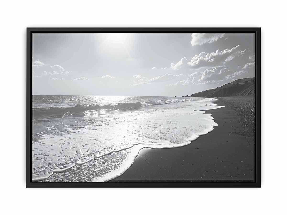 Black and white coastal beach canvas art for calm modern living room decor.