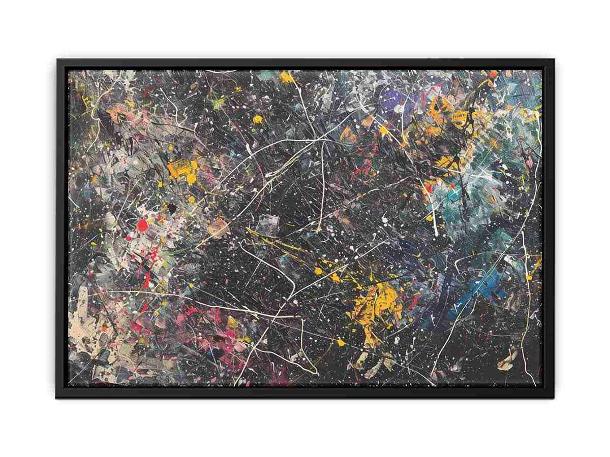 Bold black abstract canvas art with colorful splatter lines for modern office decor.