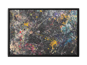 Bold black abstract canvas art with colorful splatter lines for modern office decor.