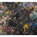 Bold black abstract canvas art with colorful splatter lines for modern office decor.