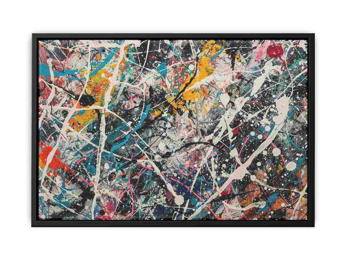 Vibrant abstract canvas art with teal, yellow, pink, and black for modern living room decor.
