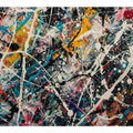 Vibrant abstract canvas art with teal, yellow, pink, and black for modern living room decor.