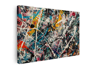 Vibrant abstract canvas art with teal, yellow, pink, and black for modern living room decor.