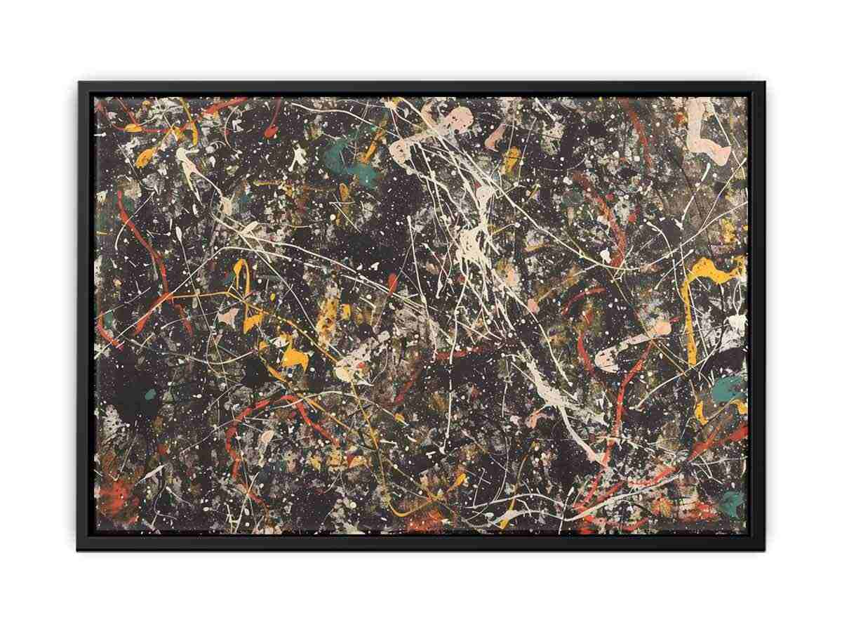 Dark abstract canvas art with white splatter and warm marks for modern office decor.
