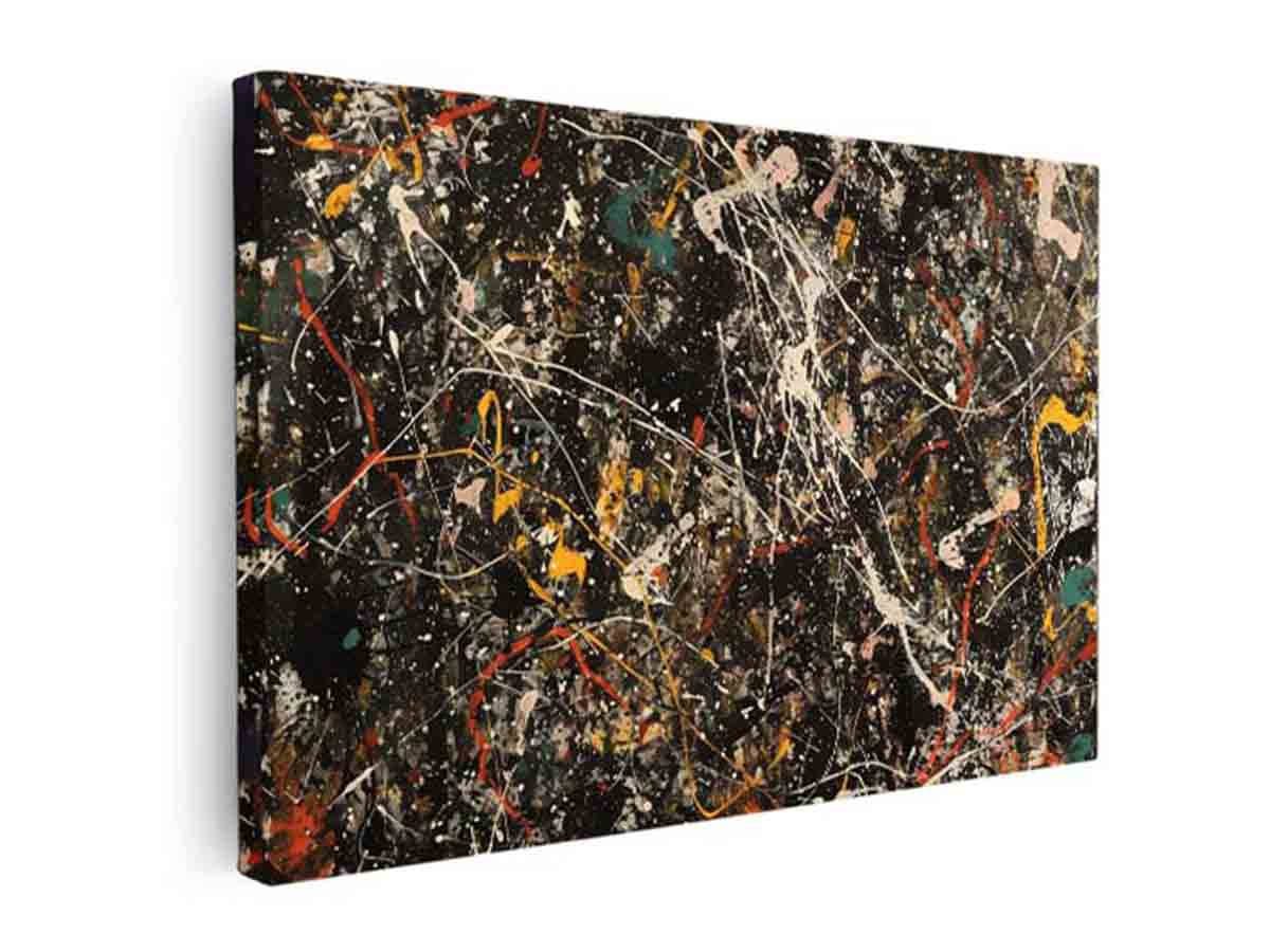 Dark abstract canvas art with white splatter and warm marks for modern office decor.