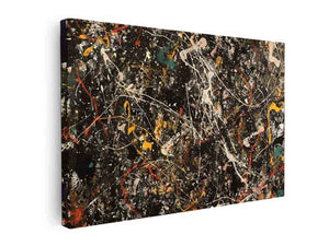 Dark abstract canvas art with white splatter and warm marks for modern office decor.