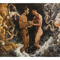Surreal figurative canvas art with male figures and fantasy clouds for dramatic room decor.