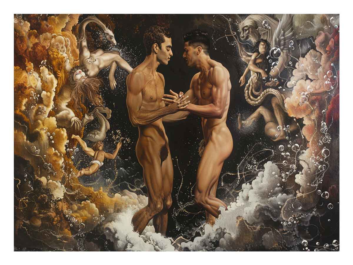 Surreal figurative canvas art with male figures and fantasy clouds for dramatic room decor.