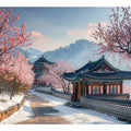 Korean palace cherry blossom landscape canvas art for serene living room decor.