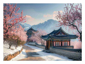 Korean palace cherry blossom landscape canvas art for serene living room decor.
