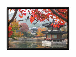 Korean autumn pavilion canvas art with red maple leaves for warm living room decor.