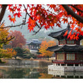 Korean autumn pavilion canvas art with red maple leaves for warm living room decor.