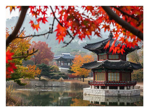 Korean autumn pavilion canvas art with red maple leaves for warm living room decor.