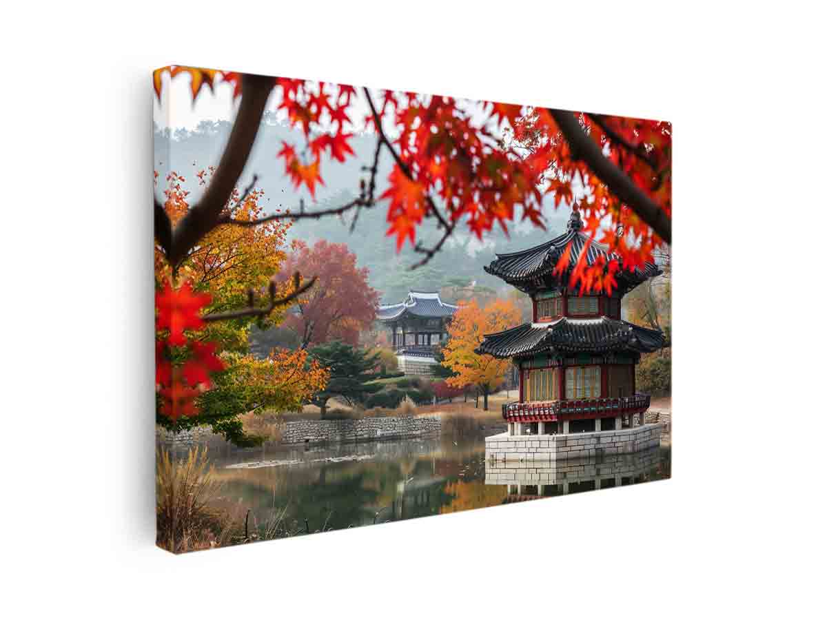 Korean autumn pavilion canvas art with red maple leaves for warm living room decor.