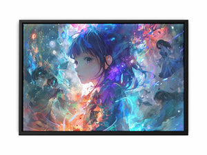 Colourful anime schoolgirl canvas art with cosmic blue glow for bold bedroom decor.