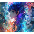 Colourful anime schoolgirl canvas art with cosmic blue glow for bold bedroom decor.