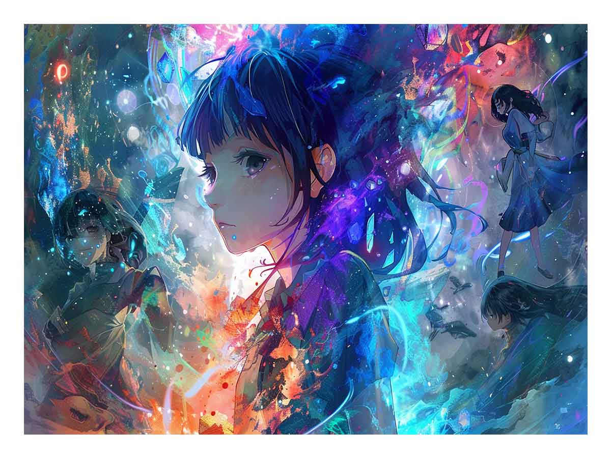 Colourful anime schoolgirl canvas art with cosmic blue glow for bold bedroom decor.
