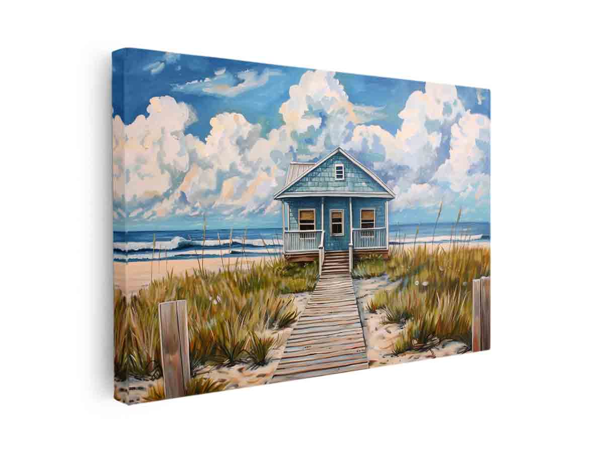 Blue coastal beach cottage canvas art with boardwalk for relaxed living room decor.