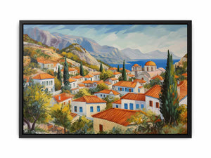 Mediterranean village canvas art with white houses for coastal living room decor.