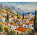 Mediterranean village canvas art with white houses for coastal living room decor.