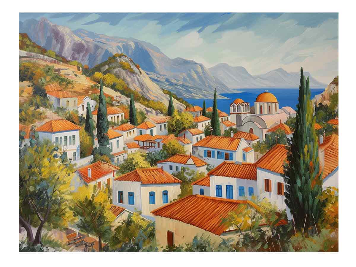 Mediterranean village canvas art with white houses for coastal living room decor.