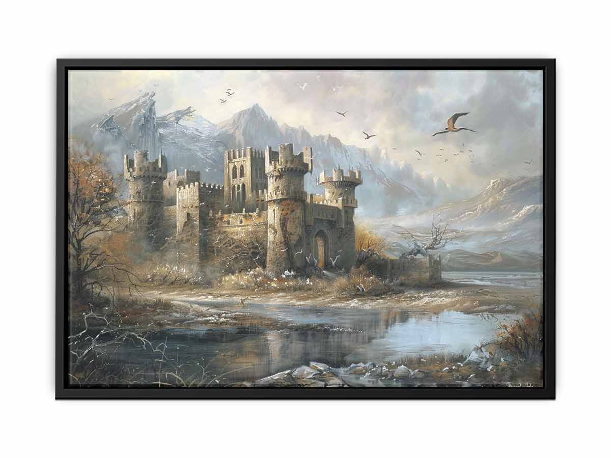 Misty castle landscape canvas art with mountains and water for dramatic living room decor.