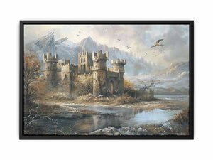 Misty castle landscape canvas art with mountains and water for dramatic living room decor.