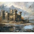 Misty castle landscape canvas art with mountains and water for dramatic living room decor.