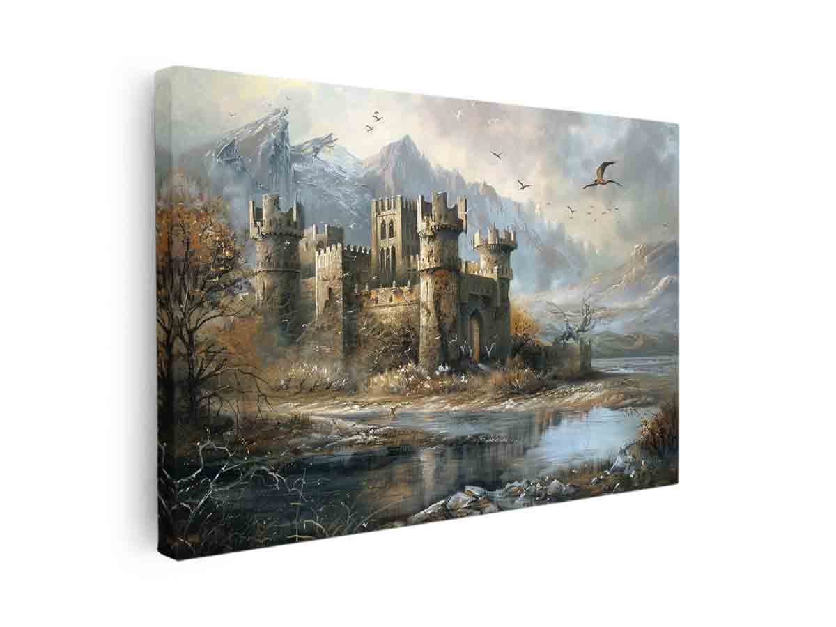 Misty castle landscape canvas art with mountains and water for dramatic living room decor.