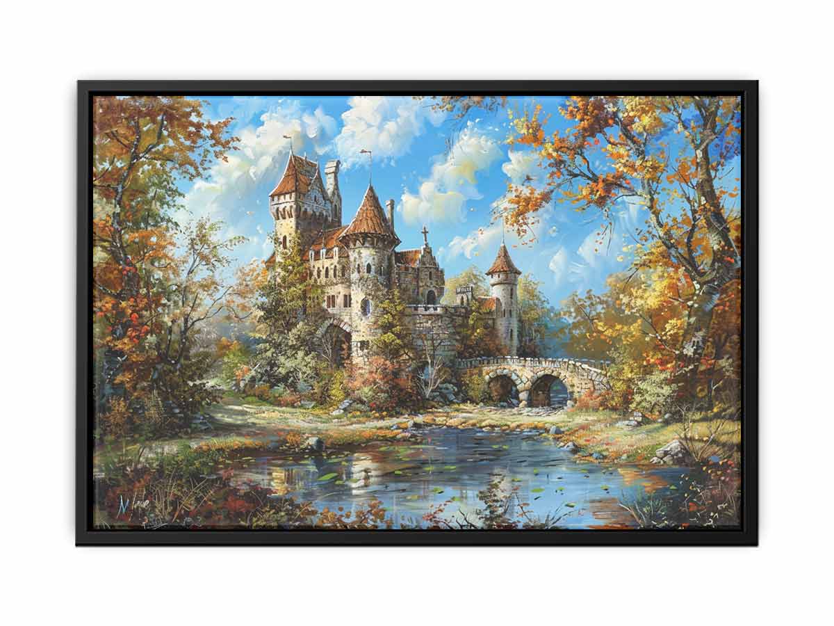 Romantic autumn castle canvas art with bridge and stream for elegant living room decor.