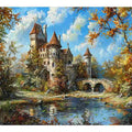 Romantic autumn castle canvas art with bridge and stream for elegant living room decor.