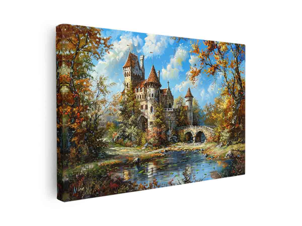 Romantic autumn castle canvas art with bridge and stream for elegant living room decor.