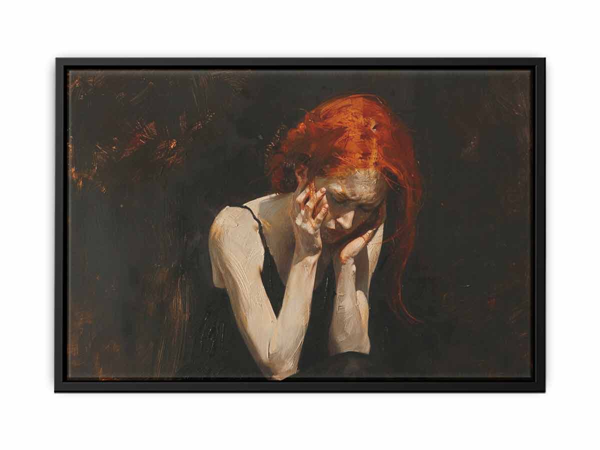 Moody red-haired woman canvas art with dark expressive tones for dramatic bedroom decor.