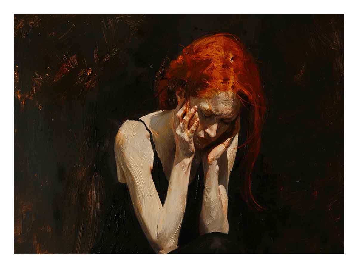 Moody red-haired woman canvas art with dark expressive tones for dramatic bedroom decor.