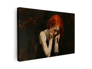 Moody red-haired woman canvas art with dark expressive tones for dramatic bedroom decor.