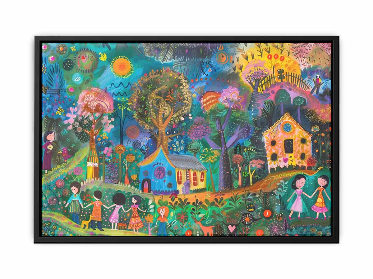 Colourful folk village canvas art with children, houses, trees, and flowers for kids room decor.