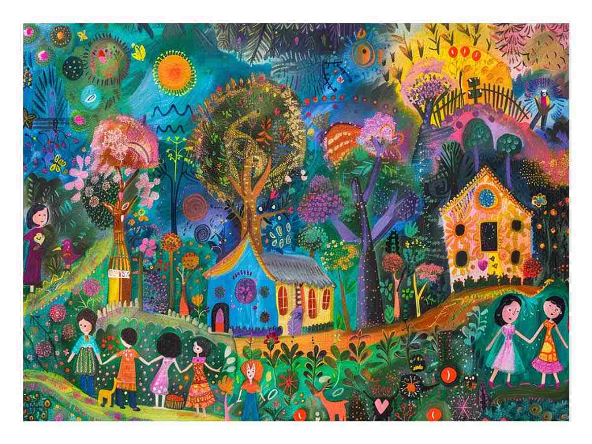 Colourful folk village canvas art with children, houses, trees, and flowers for kids room decor.