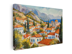 Mediterranean village canvas art with white houses for coastal living room decor.