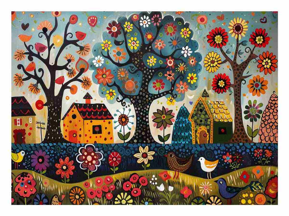 Whimsical folk garden canvas art with flowers, birds, and houses for kids room decor.
