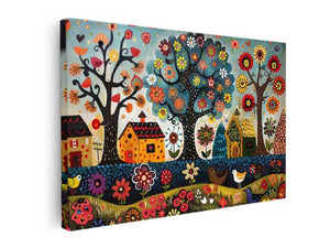 Whimsical folk garden canvas art with flowers, birds, and houses for kids room decor.