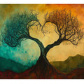 Surreal tree wall art with heart branches for expressive living room decor.