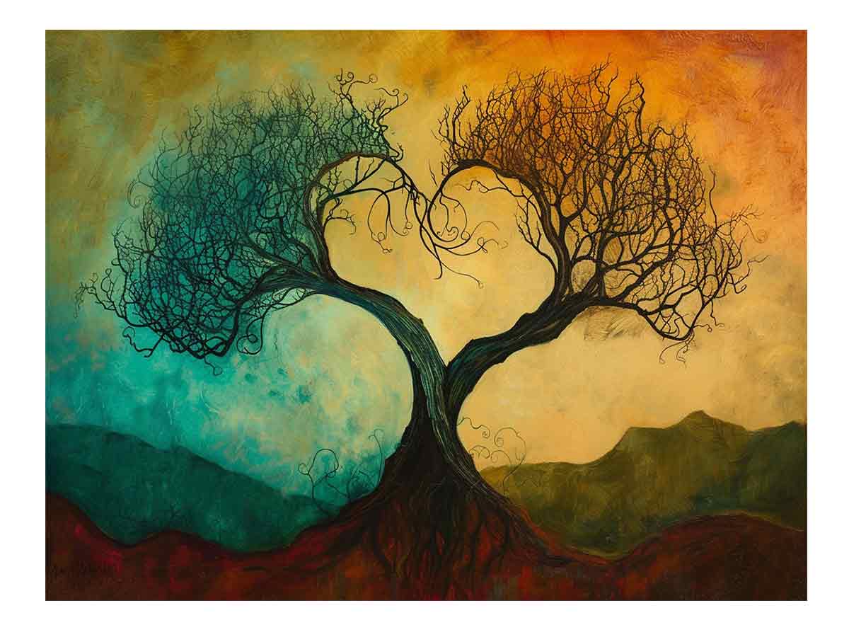 Surreal tree wall art with heart branches for expressive living room decor.