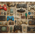 Retro gaming wall art with vintage controllers for mancave and game room decor.