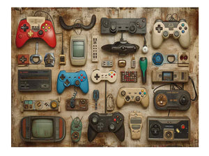 Retro gaming wall art with vintage controllers for mancave and game room decor.