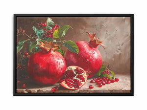 Red pomegranate still life canvas art with seeds and leaves for elegant kitchen decor.