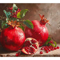Red pomegranate still life canvas art with seeds and leaves for elegant kitchen decor.