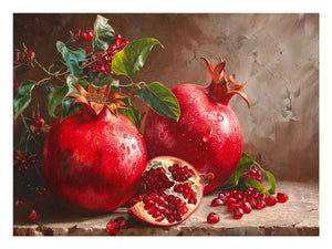 Red pomegranate still life canvas art with seeds and leaves for elegant kitchen decor.