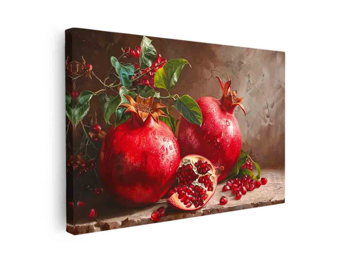 Red pomegranate still life canvas art with seeds and leaves for elegant kitchen decor.