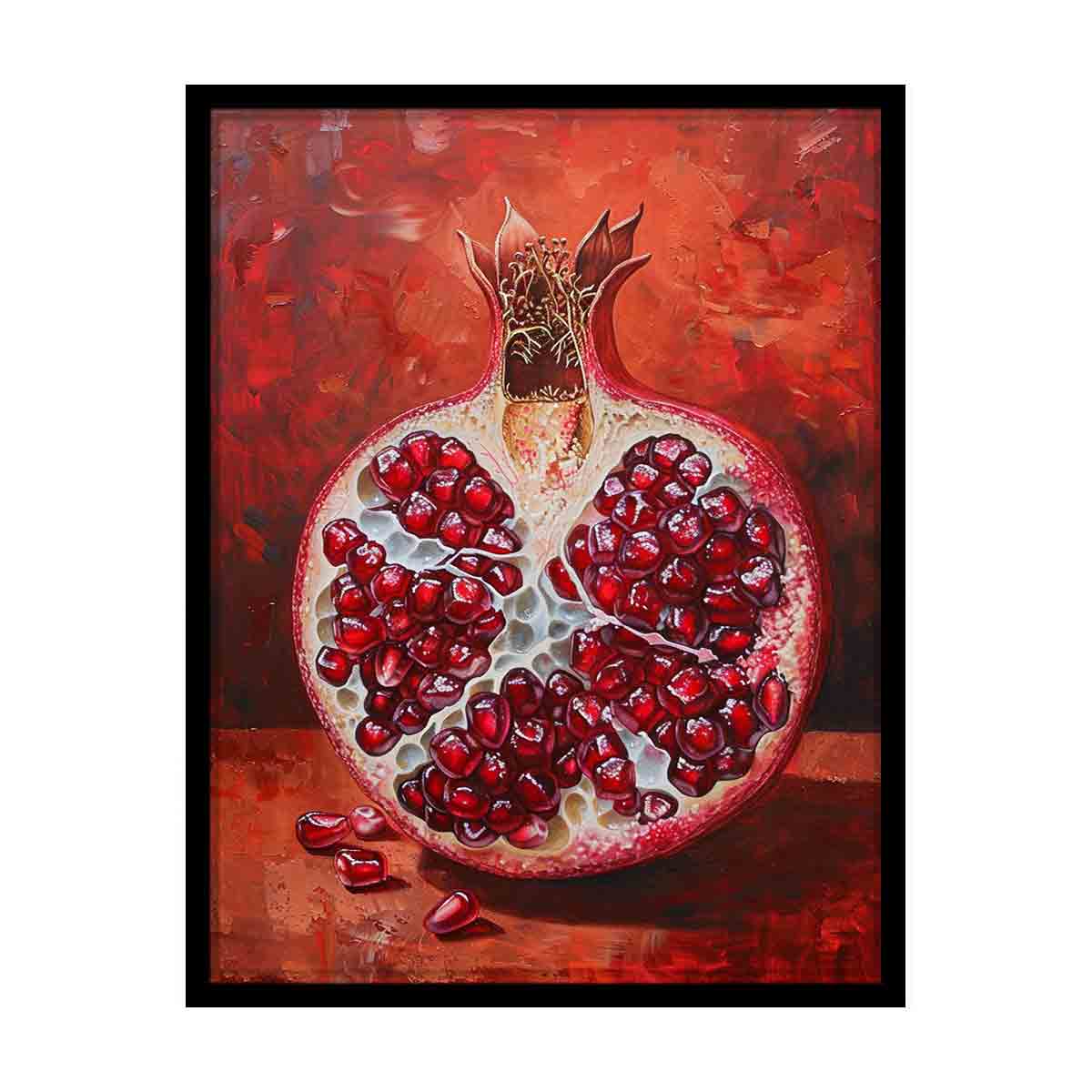 Sliced red pomegranate canvas art with glossy seeds for bold kitchen wall decor.